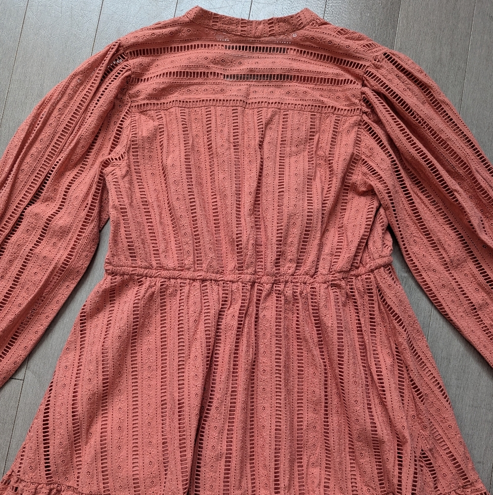 Forever That Girl Anthropologie mini dress Pink Coral Eyelet Long Sleeves Medium - Picture 10 of 11